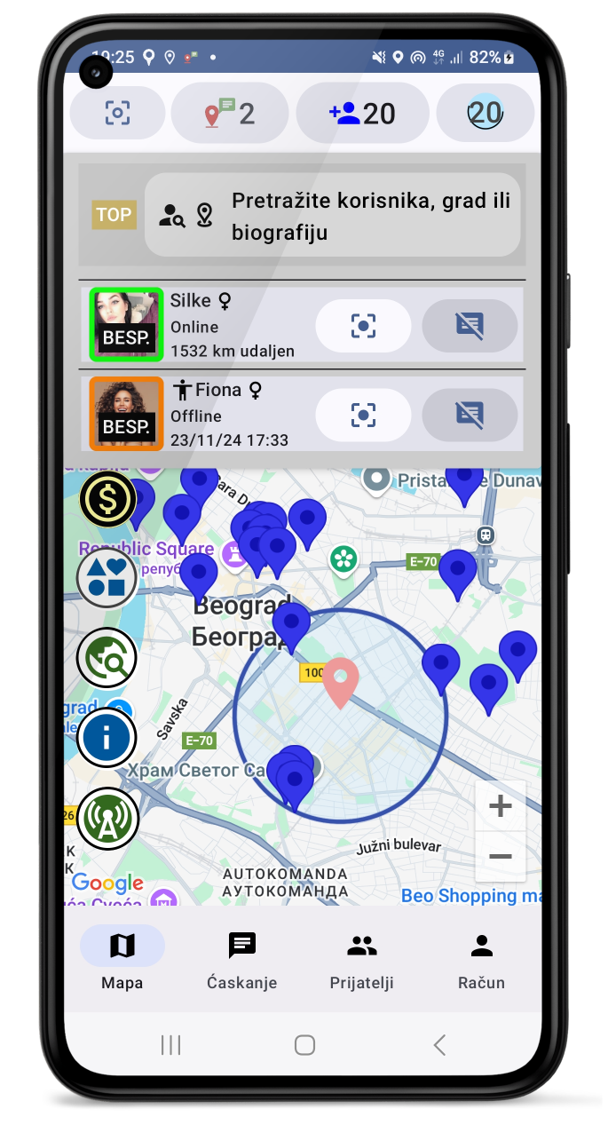 Mapa i gornji meni sa korisnicima u blizini